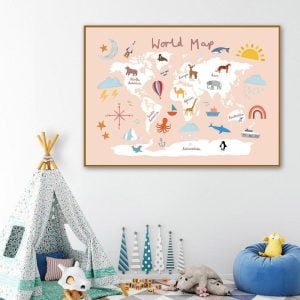 Toile carte du monde pour enfant rose