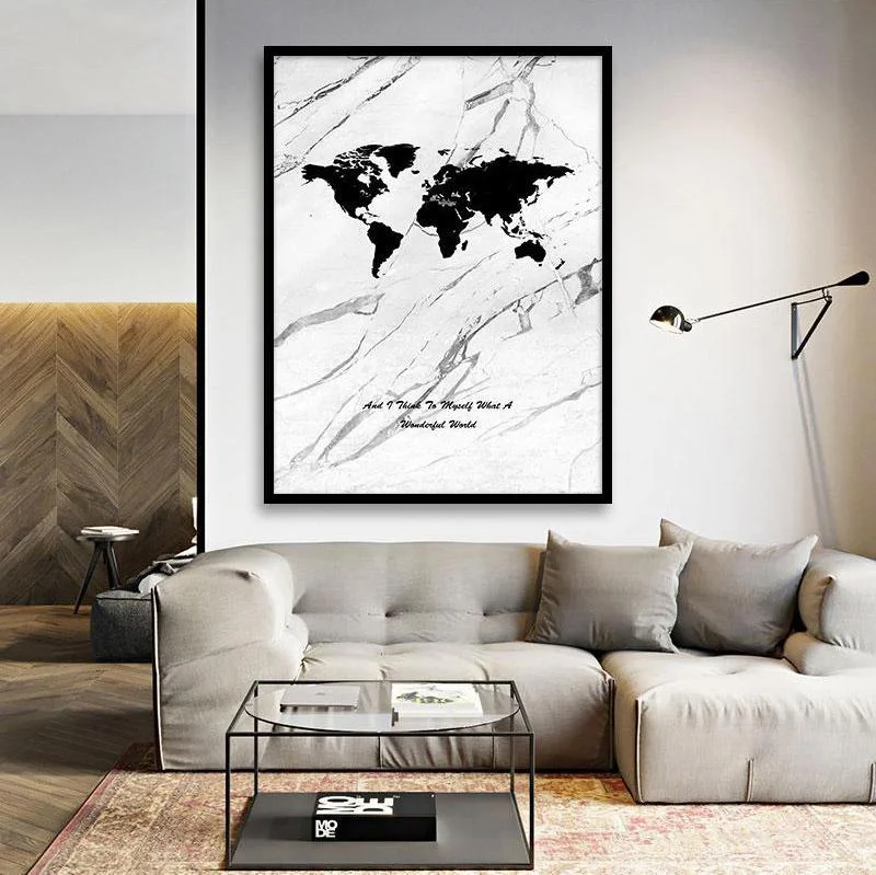 Toile <br> Carte Du Monde Noir Et Blanc