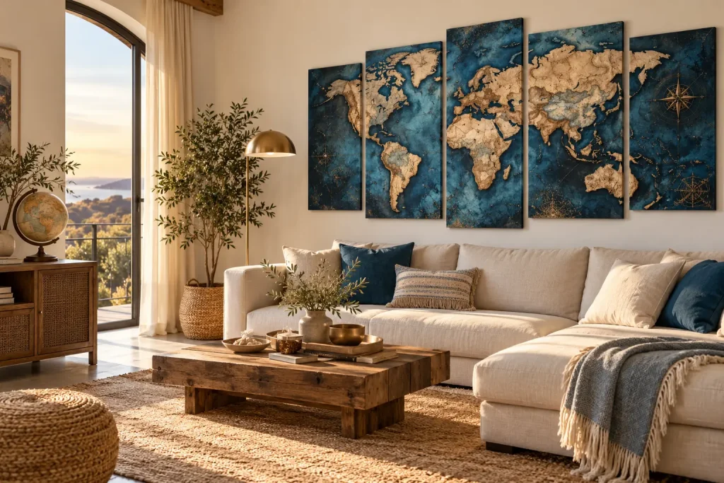 Tableau carte du monde en 5 panneaux accroché au-dessus d'un canapé dans un salon lumineux